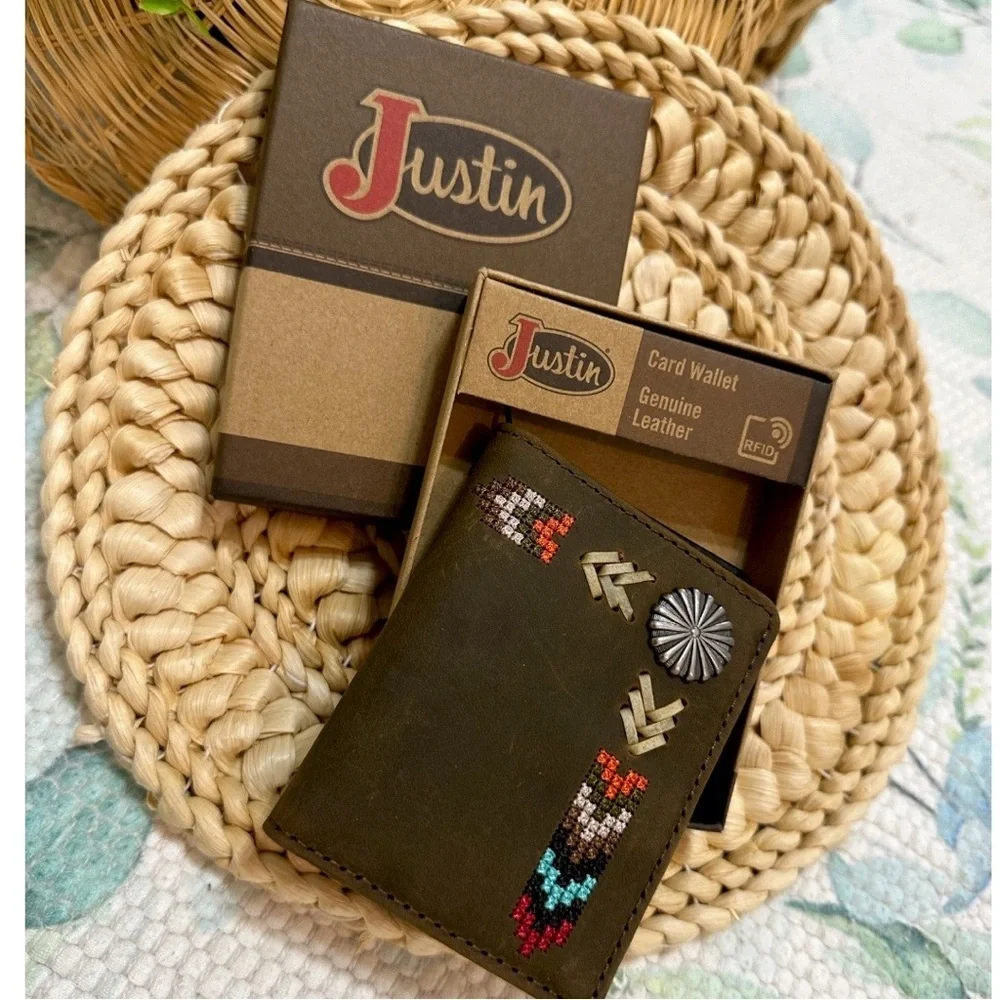 New Justin Boots Genuine Leather Card Wallet Tribal Western Colorful Embroidery